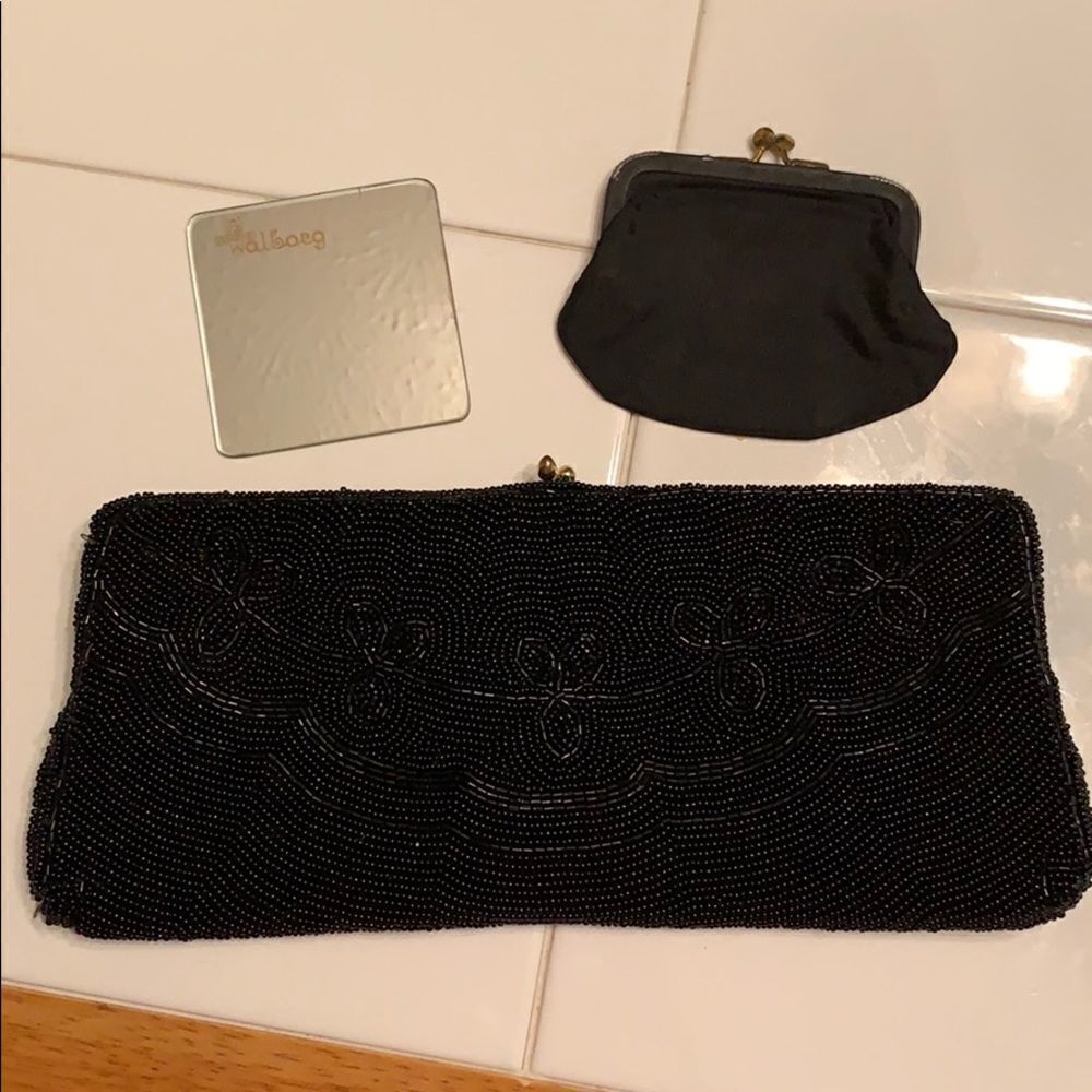 Vtg Walborg black beaded evening bag/mirror &‎ coin purse
